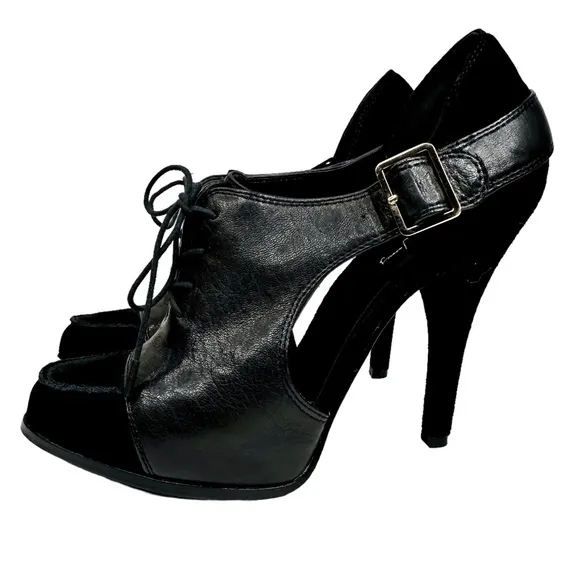 Elizabeth &amp; James Casi Stiletto Booties Steampunk Black Leather SZ 11 Victorian