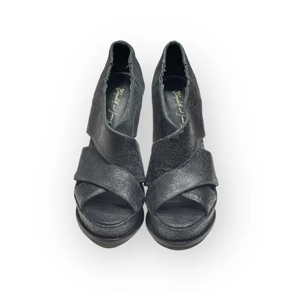 Elizabeth and James 𒀭 Milla Platform Stiletto Heel Sandal 𒀭 Black Sheen 𒀭7.5M