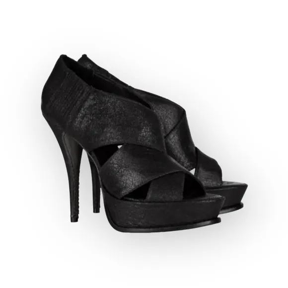 Elizabeth and James 𒀭 Milla Platform Stiletto Heel Sandal 𒀭 Black Sheen 𒀭7.5M