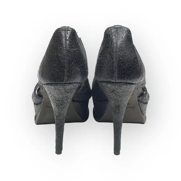Elizabeth and James 𒀭 Milla Platform Stiletto Heel Sandal 𒀭 Black Sheen 𒀭7.5M