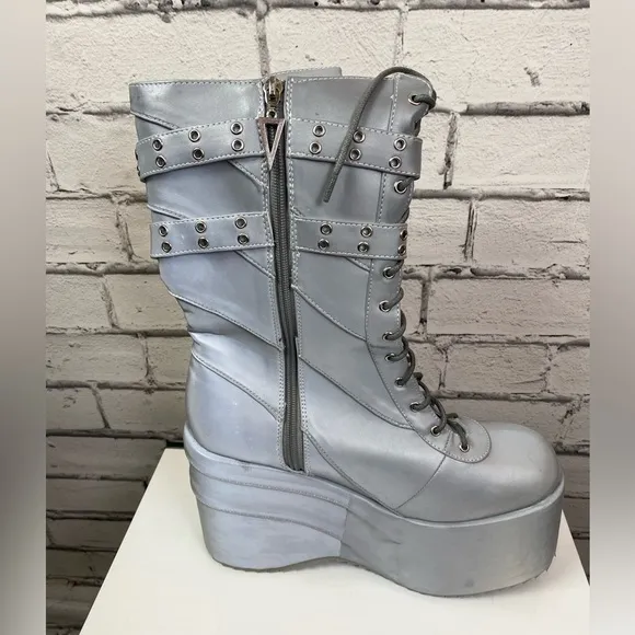 Ellie Silver Buckle Platform Boots Club Kid Boots Goth Boots size 12