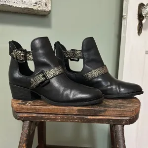 Elliott Lucca Rafaella Black Leather Cutout Moto Ankle Boots with Gold Accents