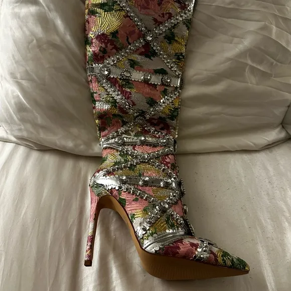 Embellished Floral High Heel Boots
