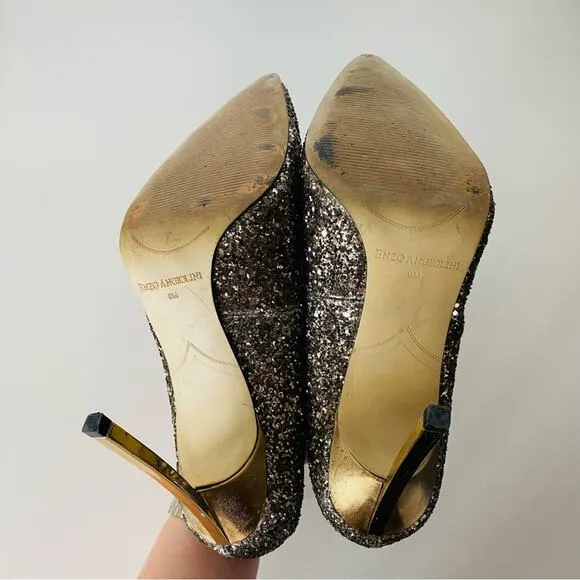 ENZO ANGIOLINI Gold Sequins Sparkle Pointy Toe Metallic Stiletto Heels Shoes 9