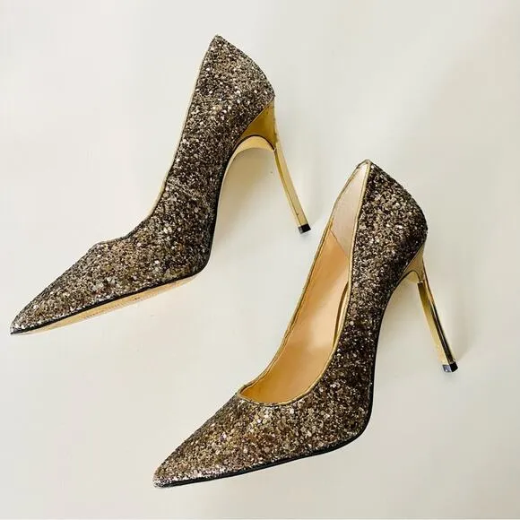 ENZO ANGIOLINI Gold Sequins Sparkle Pointy Toe Metallic Stiletto Heels Shoes 9