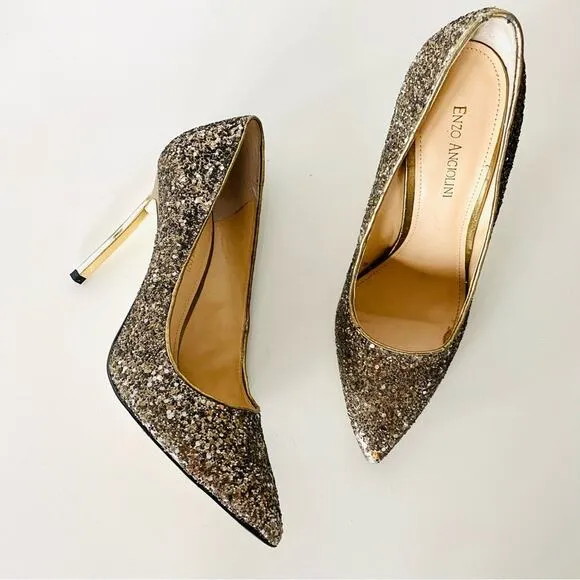 ENZO ANGIOLINI Gold Sequins Sparkle Pointy Toe Metallic Stiletto Heels Shoes 9