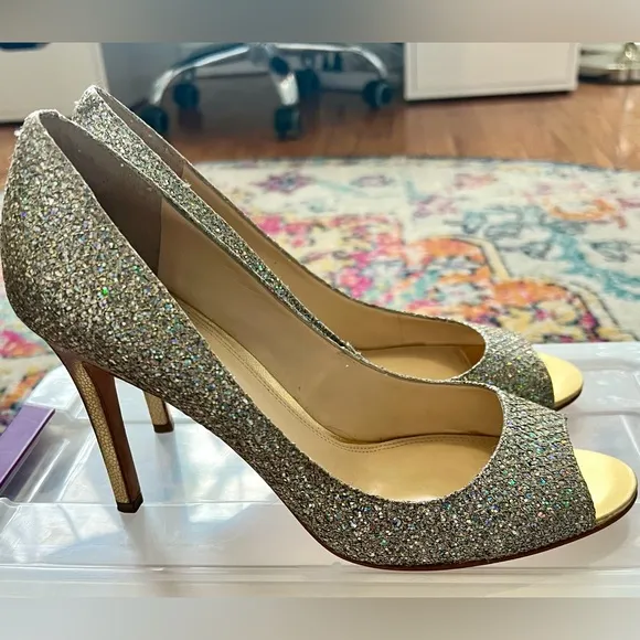 Enzo Angiolini Peep Toe Silver Gold Sparkle Glitter Pumps. 8.5