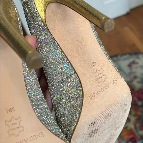 Enzo Angiolini Peep Toe Silver Gold Sparkle Glitter Pumps. 8.5