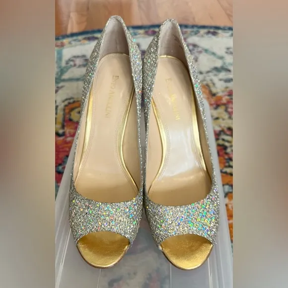 Enzo Angiolini Peep Toe Silver Gold Sparkle Glitter Pumps. 8.5