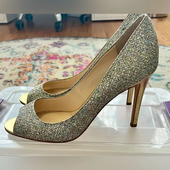 Enzo Angiolini Peep Toe Silver Gold Sparkle Glitter Pumps. 8.5