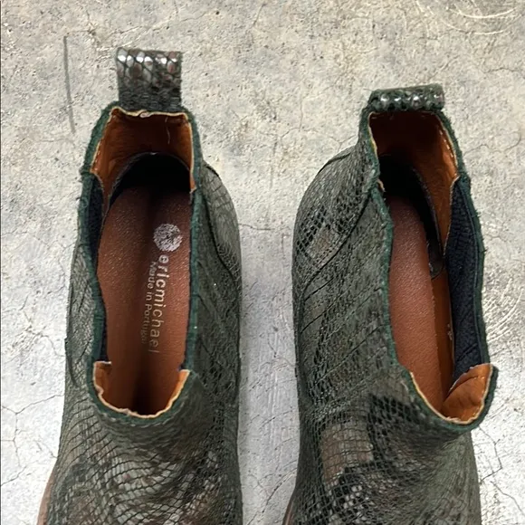 Eric Michael Green and Brown Ankle Boots with Snakeskin Texture