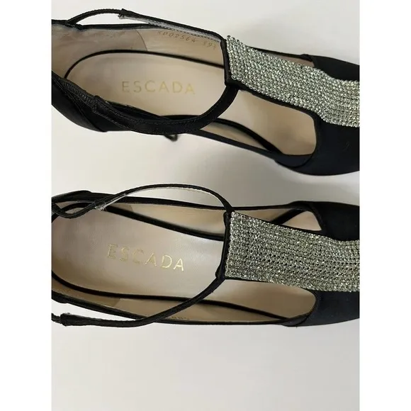ESCADA Crystal Jeweled Satin T-Strap Heeled Shoes Size 39.5/9 US Peep Toe