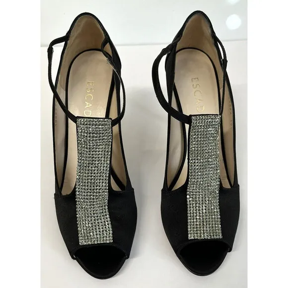 ESCADA Crystal Jeweled Satin T-Strap Heeled Shoes Size 39.5/9 US Peep Toe