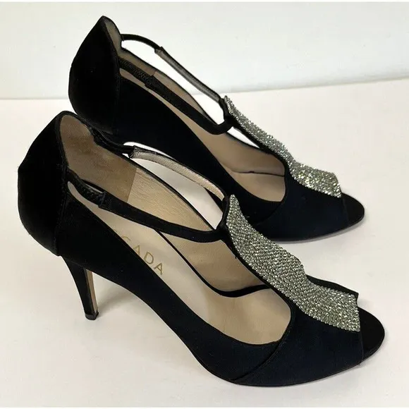 ESCADA Crystal Jeweled Satin T-Strap Heeled Shoes Size 39.5/9 US Peep Toe