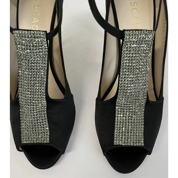 ESCADA Crystal Jeweled Satin T-Strap Heeled Shoes Size 39.5/9 US Peep Toe