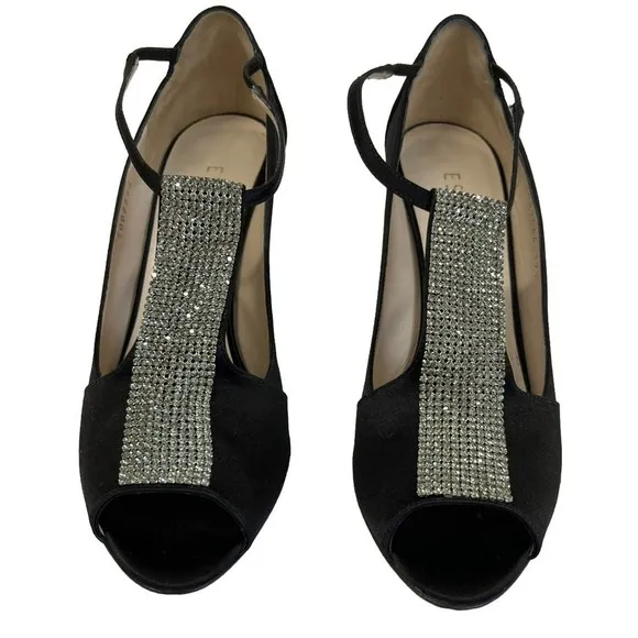 ESCADA Crystal Jeweled Satin T-Strap Heeled Shoes Size 39.5/9 US Peep Toe