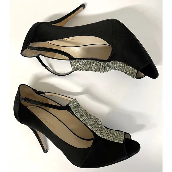 ESCADA Crystal Jeweled Satin T-Strap Heeled Shoes Size 39.5/9 US Peep Toe