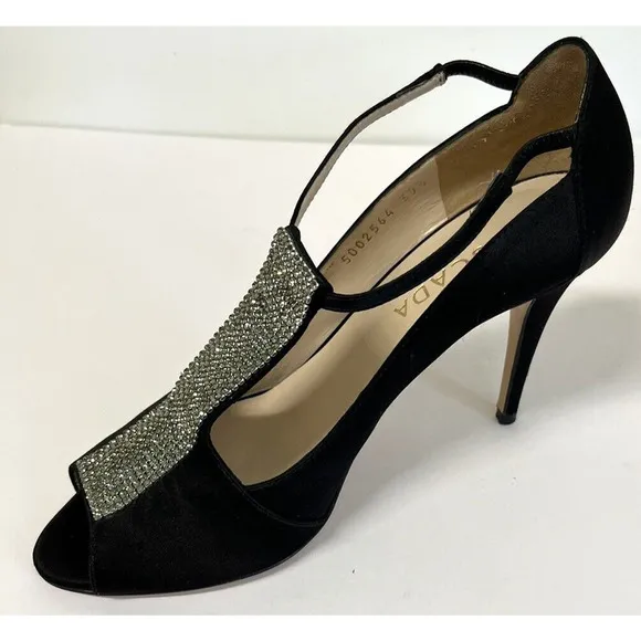 ESCADA Crystal Jeweled Satin T-Strap Heeled Shoes Size 39.5/9 US Peep Toe