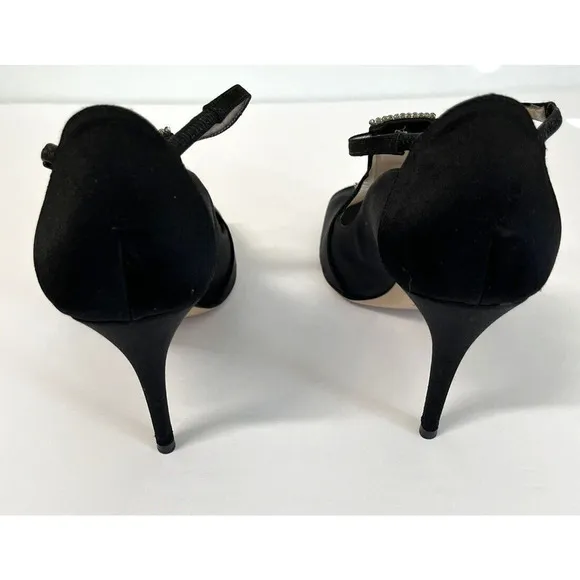 ESCADA Crystal Jeweled Satin T-Strap Heeled Shoes Size 39.5/9 US Peep Toe