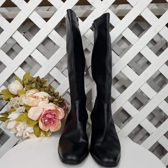 Etienne Aigner Black Leather Low Heeled Tall Boots Size 10.5