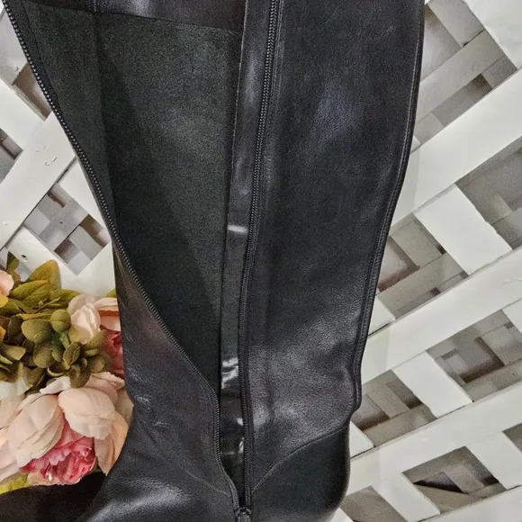 Etienne Aigner Black Leather Low Heeled Tall Boots Size 10.5