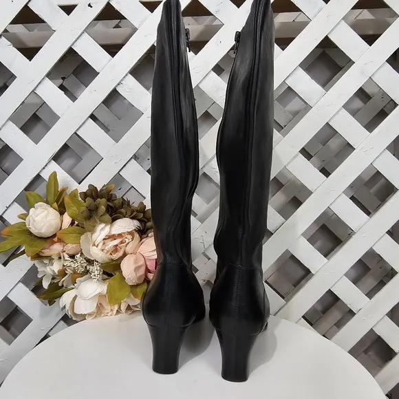 Etienne Aigner Black Leather Low Heeled Tall Boots Size 10.5