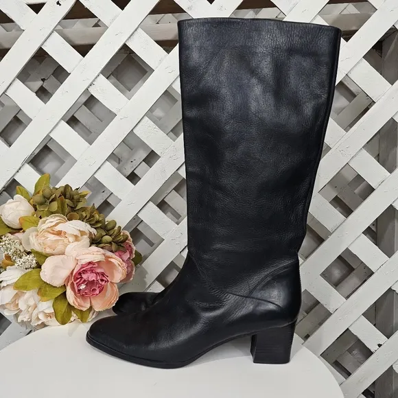 Etienne Aigner Black Leather Low Heeled Tall Boots Size 10.5