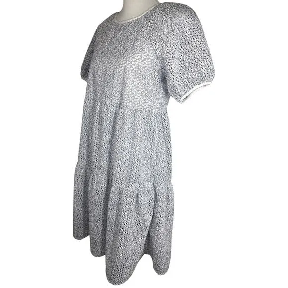 Everlane Tiered Eyelet Dress, Blue, White, Size Small