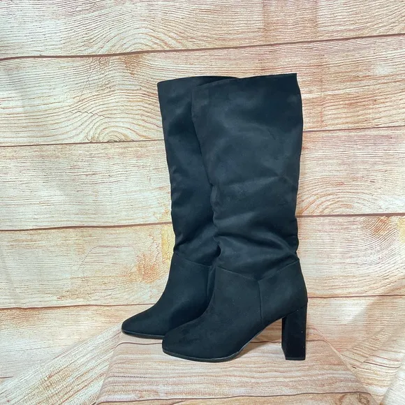 Express Women Black Slouchy Knee High Block Heel Faux Suede Boots Size 8‎