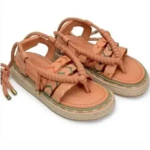 FARM RIO Boho Vegan Sand Rope Tie Espadrille Flatform Tan Gladiator Sandals Sz 8