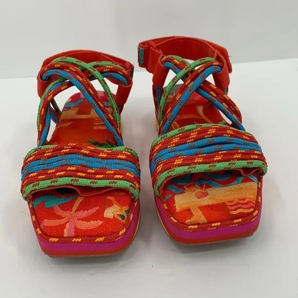 Farm Rio Tropical Platform sandal red blue criss cross cord strappy new 39 8