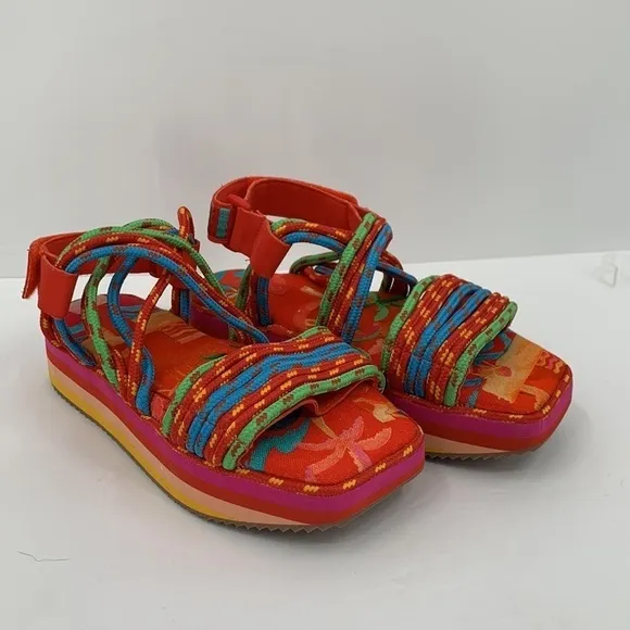 Farm Rio Tropical Platform sandal red blue criss cross cord strappy new 39 8