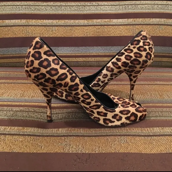 FEMBLU Pony Hair Leopard Peep Toe Heels 36