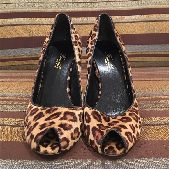 FEMBLU Pony Hair Leopard Peep Toe Heels 36