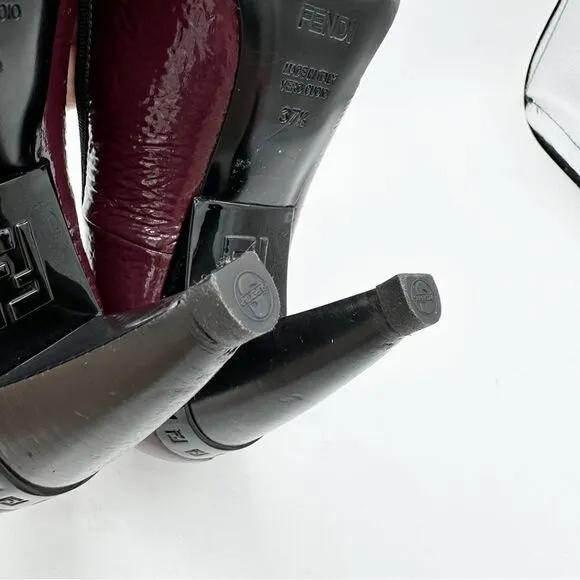 Fendi Burgundy Textured Patent Peep Toe Pumps w/Bow Grosgrain Bow Sculptured 7M