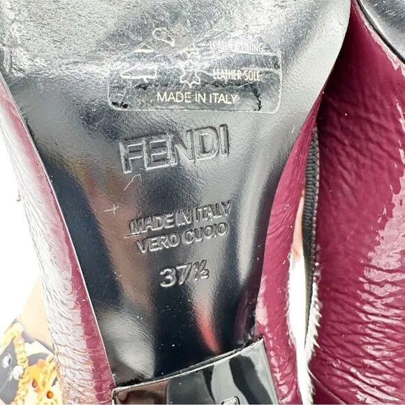 Fendi Burgundy Textured Patent Peep Toe Pumps w/Bow Grosgrain Bow Sculptured 7M