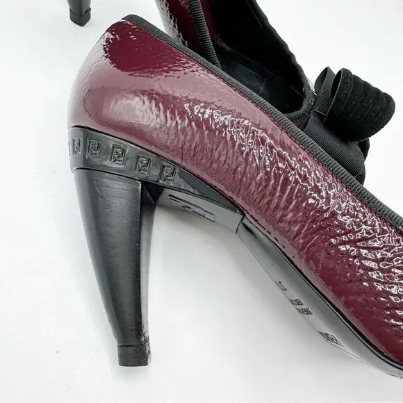 Fendi Burgundy Textured Patent Peep Toe Pumps w/Bow Grosgrain Bow Sculptured 7M