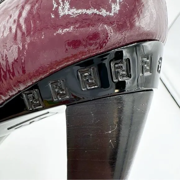 Fendi Burgundy Textured Patent Peep Toe Pumps w/Bow Grosgrain Bow Sculptured 7M