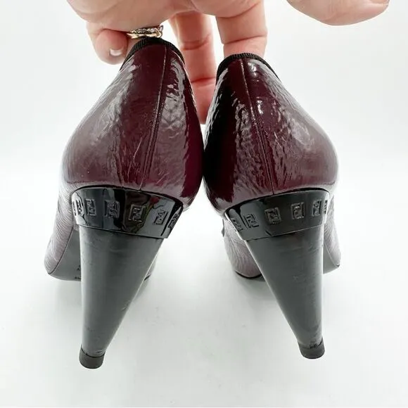 Fendi Burgundy Textured Patent Peep Toe Pumps w/Bow Grosgrain Bow Sculptured 7M
