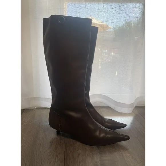Fendi Heel Stub Heel Brown Leather High Top Boots Laced Up