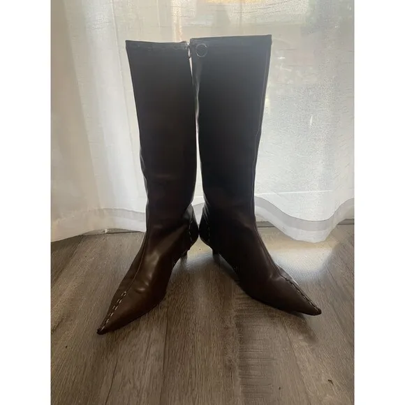 Fendi Heel Stub Heel Brown Leather High Top Boots Laced Up
