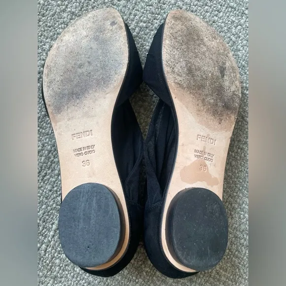 FENDI Rare Black Ballet Flats With Ruched Tulle Peep-Toe Design &amp; Dust Bag