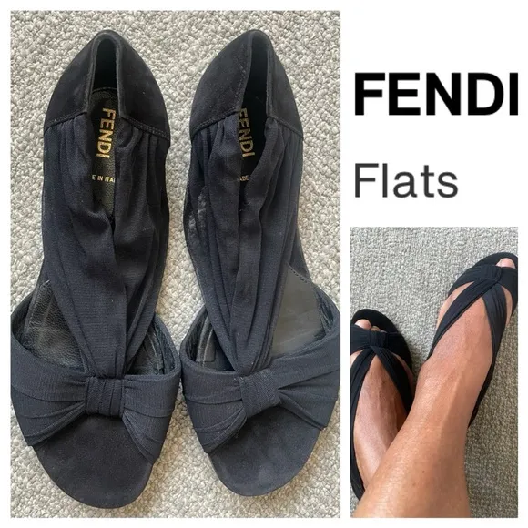 FENDI Rare Black Ballet Flats With Ruched Tulle Peep-Toe Design &amp; Dust Bag