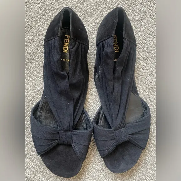 FENDI Rare Black Ballet Flats With Ruched Tulle Peep-Toe Design &amp; Dust Bag