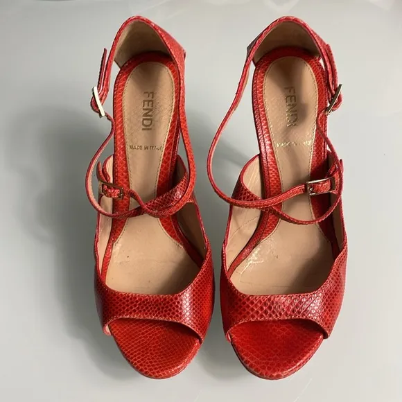 Fendi Red Orange Lizard Leather Stiletto Heels Size 36.5