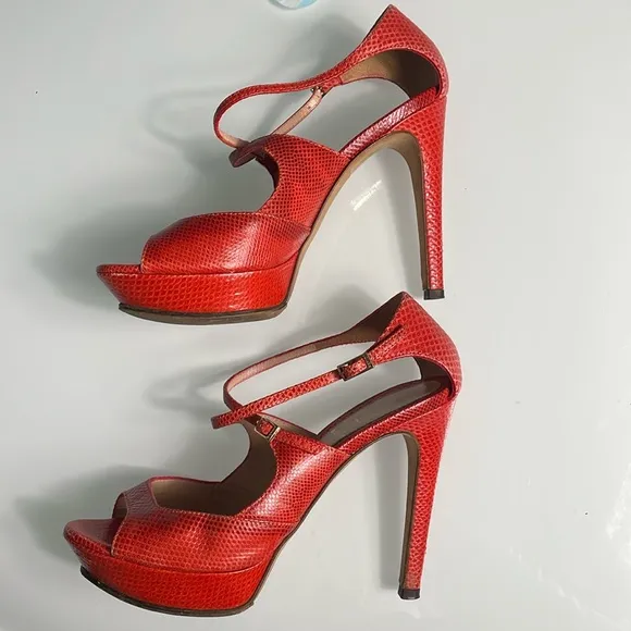 Fendi Red Orange Lizard Leather Stiletto Heels Size 36.5