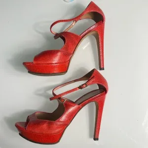 Fendi Red Orange Lizard Leather Stiletto Heels Size 36.5