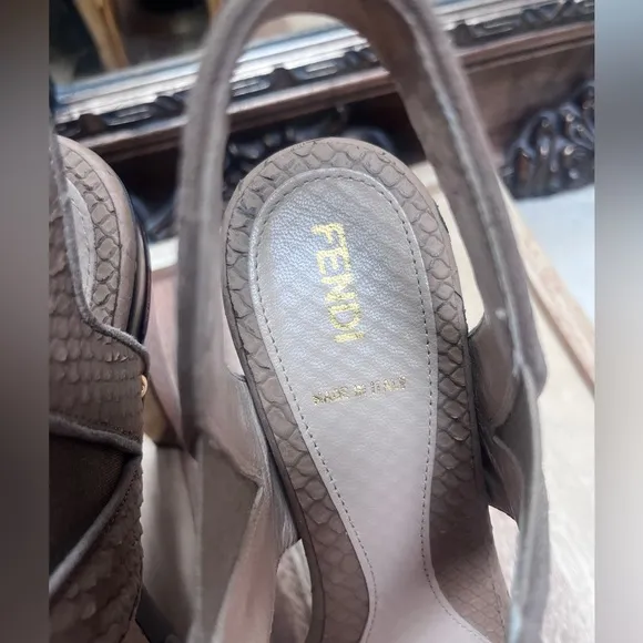 Fendi women’s signature snakeskin nude printed leather Peep Toe mules heel shoes