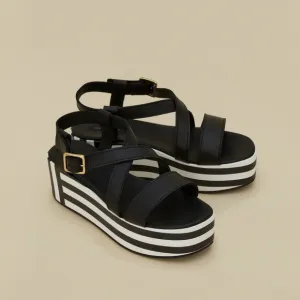 FINAL PRICE Marina Rinaldi Striped Platform Sandals Leather Black White