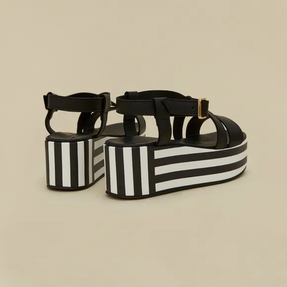 FINAL PRICE Marina Rinaldi Striped Platform Sandals Leather Black White